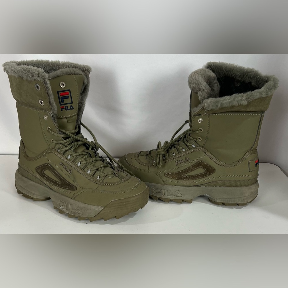 FILA Olive Green Shearling Lining Lace Up Mid Calf Winter Boots Booties Size 8
